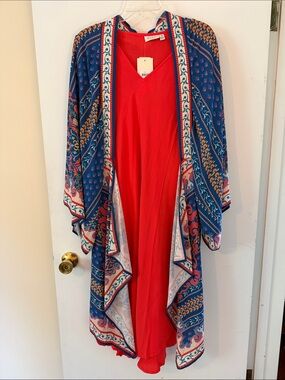 Bias cut Masai Dress with Blue base, multicolored Flying Tomato Patterned Kimono
